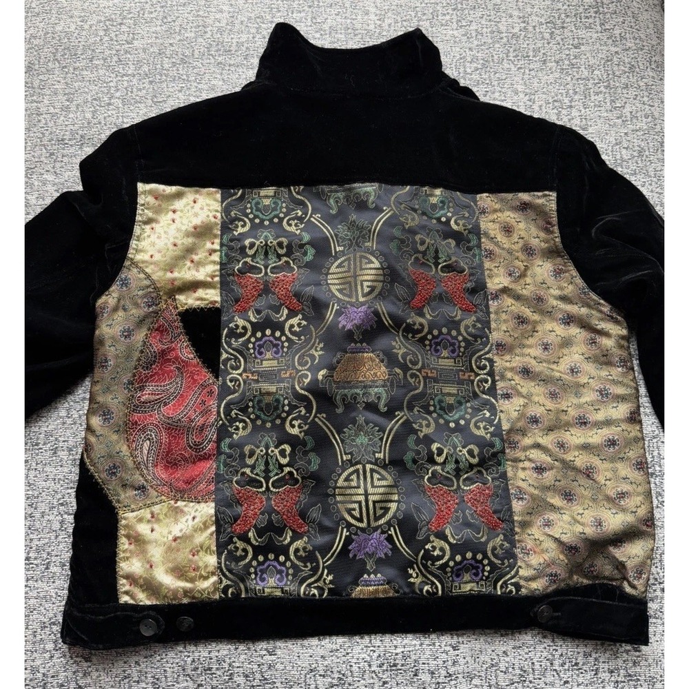 Chico's Black Velvet Jacket Oriental Asian Tapestry Patchwork Motif Size 3